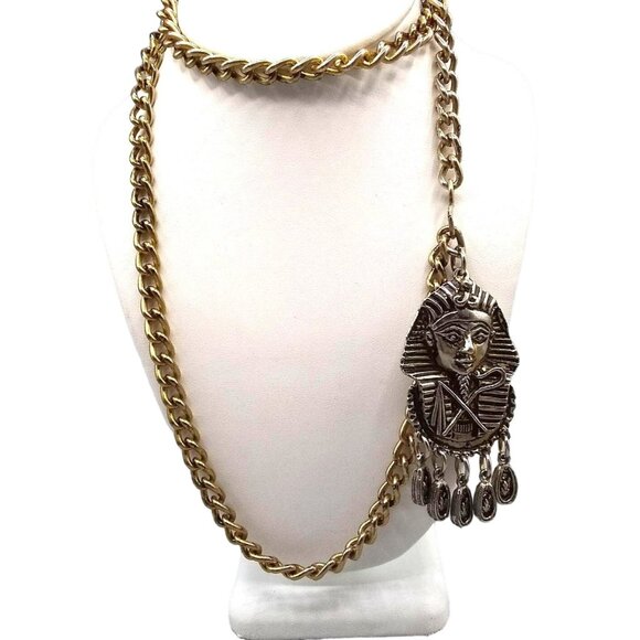 Vintage Large King Tut Pendant on Chunky Gold Tone Curb Link Chain Egyptian Phar - Picture 1 of 5
